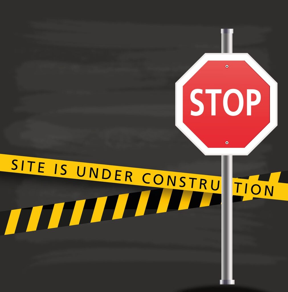 under construction, stop, construction site, sign, website, billboard, information sign, closed, not reachable, not available, warning stripes, under construction, under construction, under construction, under construction, under construction